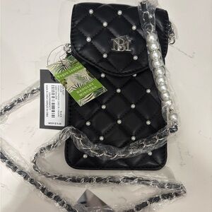 Badgley Mischka Black Quilted Crossbody Bag with Pearl Accents